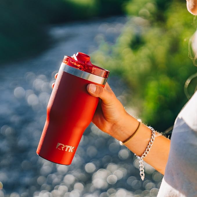 RTIC 20oz Essential Tumbler with Lid, Ceramic Lined, Insulated, Stainless Steel, Metal, Double Wall Vacuum-Insulation, Travel Cup for Iced Coffee, Tea, Hot and Cold Drink, Red Plaid