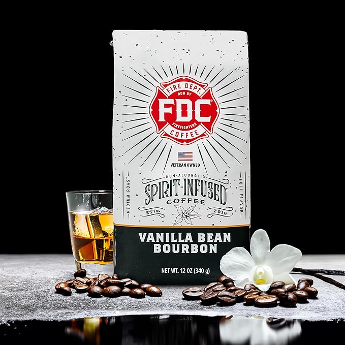 Fire Department Coffee - Vanilla Bourbon Coffee - Gives Back to Firefighters - Vanilla Bean Bourbon Infused Whole Bean - Non-Alcoholic - Roasted in the USA - Veteran Owned - 12 oz
