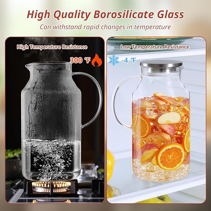 1 Gallon Glass Pitcher with Lid and Spout, Glass Water Carafe for Hot/Cold Water, Large Jug for Iced Tea, Coffee, Juice and Homemade Beverage