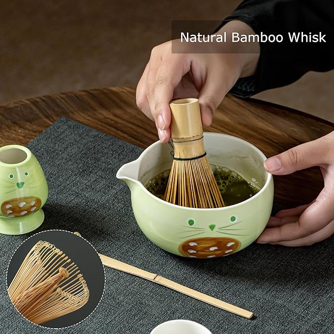 Green Matcha Set -Cute Cat Matcha Kit Includes Ceramic Bowl, Whisk and Holder, Bamboo Scoop - 6 Pcs Matcha Whisk Set for Matcha Lovers
