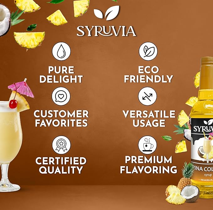 Syruvia Pina Colada Syrup - Premium Flavoring Syrup for Tea, Italian Sodas, Beverages, Desserts, Ice Cream, Cocktails & Mocktails - Kosher, Gluten Free - 25.4 fl oz.
