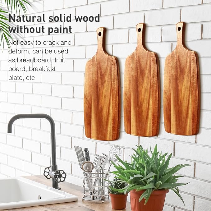 Kathfly 3 Pcs Acacia Wood Cutting Board with Handle Wooden Laser Kitchen Serving Charcuterie Board for Vegetables Meat Pizza Cheese Fruit Bread(17 x 7 Inch)