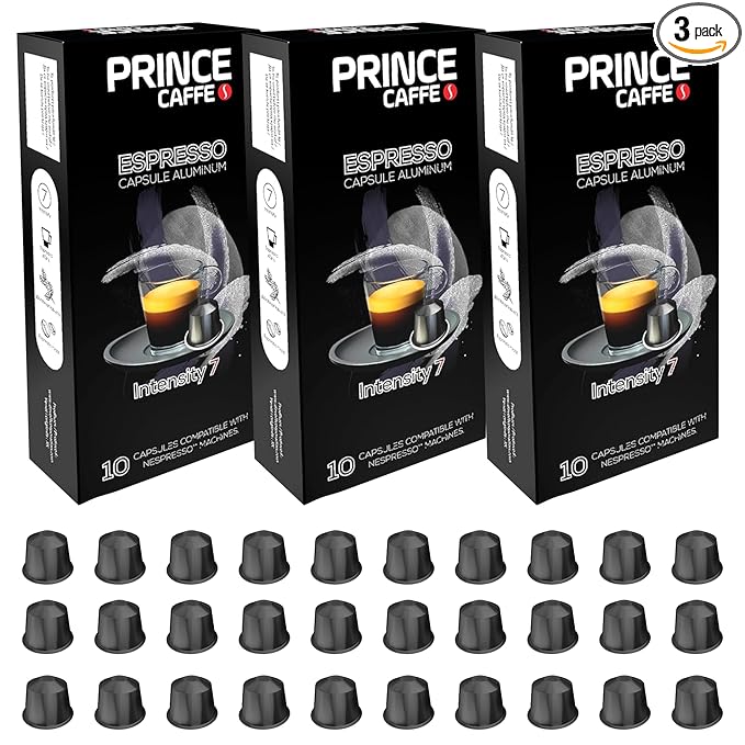 Prince Caffe Espresso Pods – Intensity 7, Medium-Dark Roast, The Espresso Coffee Pods Are Compatible with Nespresso Original Line Machines, 30 Count (3 x 10 Capsules) Premium Quality Coffee Capsules.