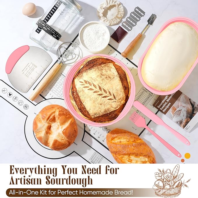 Sourdough Starter Kit with Jar – Complete Sourdough Bread Baking Supplies for Beginners, Includes 2 Silicone Proofing Baskets Baking Mat Sour Dough Kit - Pink