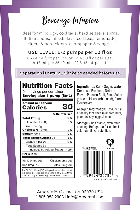 Amoretti - Passion Fruit Beverage Infusion - Drink Mix & Water Enhancer with Pump for Flavoring Cocktails, Waters, Teas, and other Beverages, Preservative Free