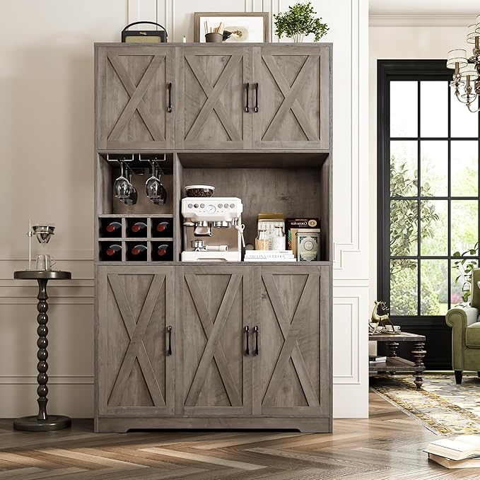 HOSTACK Kitchen Pantry Storage Cabinet, 71" Tall Food Pantry Cabinet with Microwave Stand, Farmhouse Kitchen Hutch, Coffee Bar Hutch with Wine Rack for Dining Room, Living Room, Ash Grey