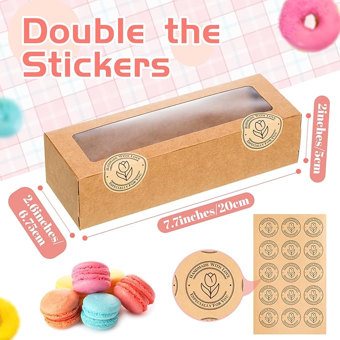 Sherr 100 Pcs Brown Macaron Boxes with Window, Cookies Boxes with 200 Pcs Stickers Long Bakery & Dessert Gifts Containers for Donuts, Pastry, Chocolate Covered Strawberry