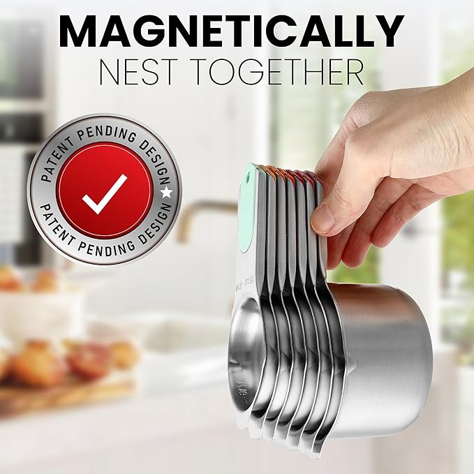 Spring Chef Magnetic Stainless Steel Measuring Cups (Patent Pending), Kitchen Tools with Easy to Read Markings for Measuring Dry or Liquid Ingredients, Set of 7, Desert Sunset