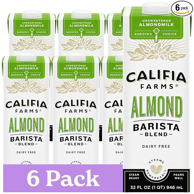 Califia Farms - Unsweetened Almond Barista Blend Almond Milk, 32 Oz (Pack Of 6), Shelf Stable, Dairy Free, Plant Based, Vegan, Gluten Free, Non GMO, Sugar Free, Milk Frother, Creamer