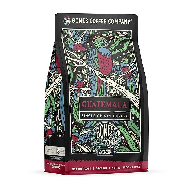 Bones Coffee Company Guatamela Single-Origin, Milk Chocolate, Citrus and Caramel Notes, Ground Coffee Beans, Low Acid Medium Roast Arabica Beans Flavored Coffee, 12 oz Ground