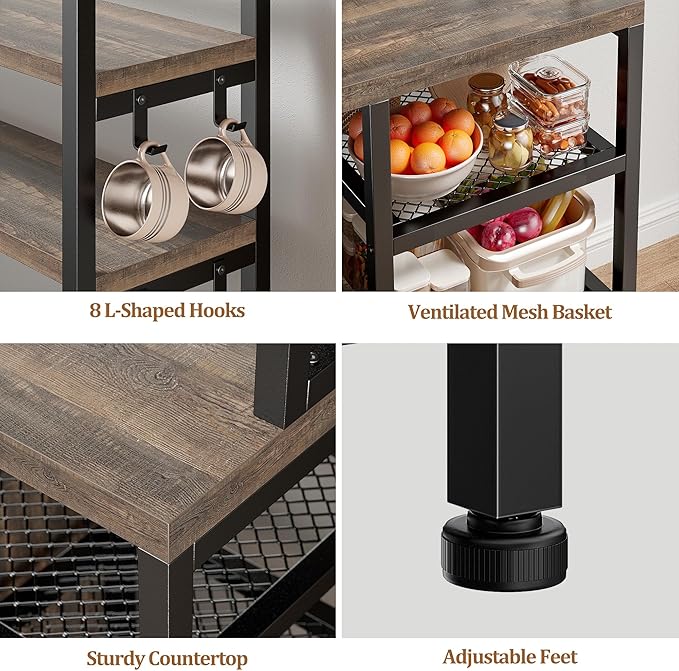 EnHomee Bakers Rack with Power Outlet, 6 Tier Microwave Stand, Coffee Bar Organizer with 8 L-Shaped Hooks, Kitchen Shelves with Storage, 14.1 x 30.1 x 63.1 Inches, Black Oak