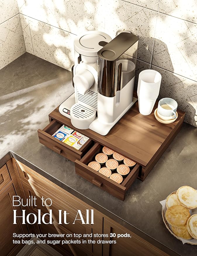 Tinamo Acacia Wood Coffee Pod Storage Drawer for K-cup Holder, Coffee Pod Drawer for Nespresso Pods Holder - Coffee Pod Holder with Drawers, Coffee Station Organizer for K Pod Holder (Walnut color)