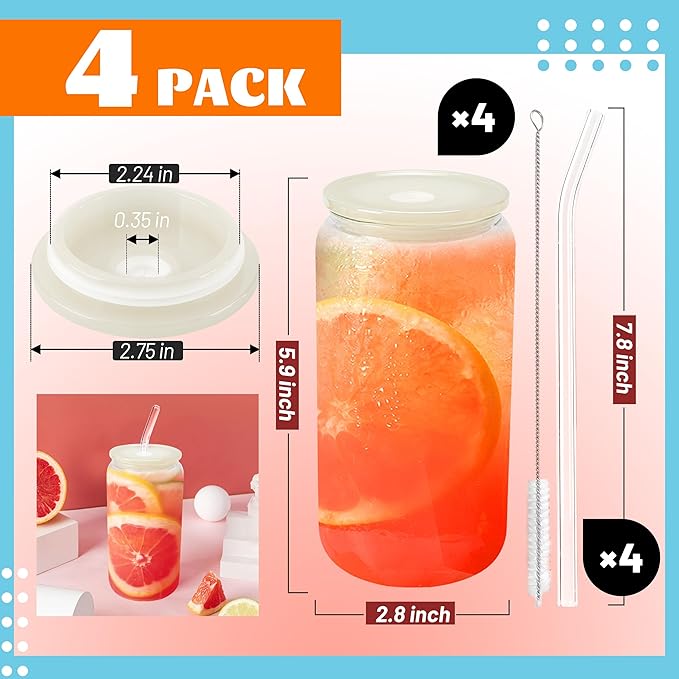 Joyclub 4pcs Glass Cups with Acrylic Lids and Straws 16 oz Can Shaped Glass Iced Coffee Cups with Lids and Straws, Cute Tumbler Cup Drinking Glasses for Smoothie Whiskey Boba Soda Tea Gift