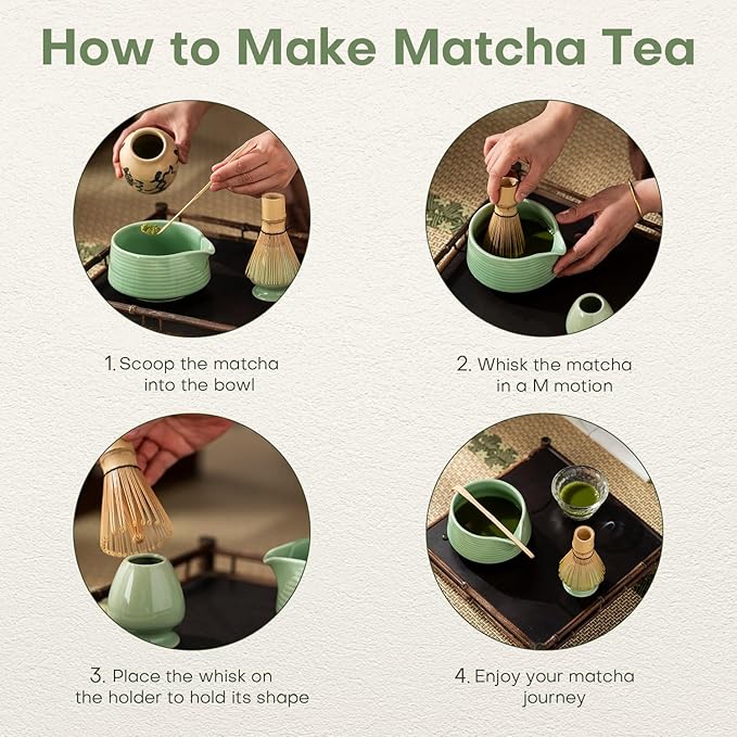 Matcha Whisk Set - 4PCS Matcha Set Includes Matcha Bowl with Spout, Matcha Whisk Holder, Bamboo Whisk and Bamboo Scoop, Ceramic Matcha Kit