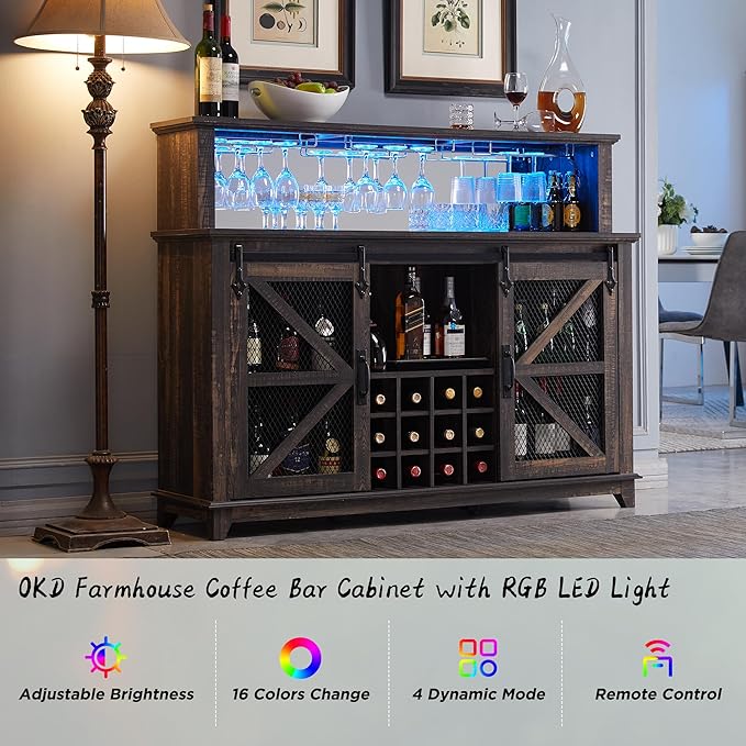 OKD Farmhouse Coffee Bar Cabinet with LED Lights, 55" Wine Bar w/Sliding Barn Door & Wine and Glass Rack, Kitchen Buffet Cabinet w/Storage Shelves for Dining Room,Dark Rustic Oak