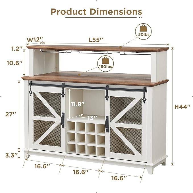 OKD Farmhouse Coffee Bar Cabinet with LED Lights, 55" Wine Bar Cabinet w/Sliding Barn Door & Wine and Glass Rack, Kitchen Buffet Cabinet w/Storage Shelves for Dining Room,Antique White
