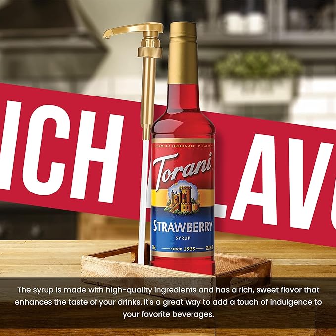 Jimoco® Syrup Pump Dispenser + Torani® Strawberry Syrup, 25.4 oz - Coffee Syrup Pump & Flavoring Bundle