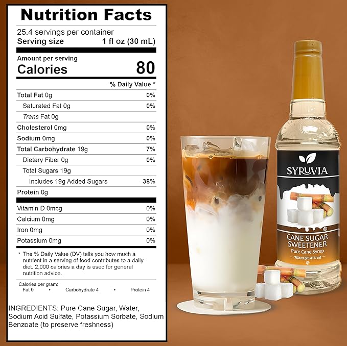Syruvia Cane Sugar Sweetener Coffee Syrup - 25.4 fl oz. Premium Coffee Flavoring Syrup. Kosher and Gluten-Free. Perfect for Enhancing Drinks, Sodas, Shakes, Desserts, and More.