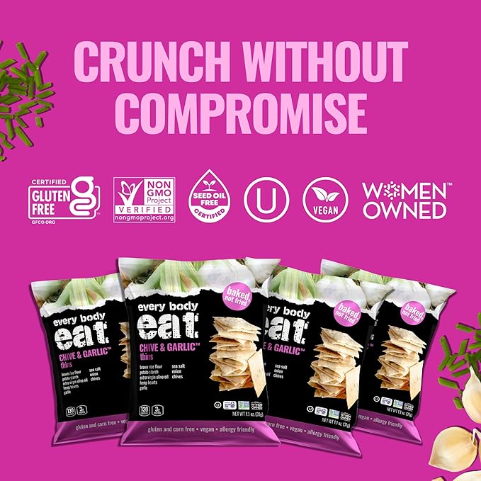 Every Body Eat Snack Thins, Gluten & Dairy Free, Vegan, School Safe Lunch Snacks, Chive & Garlic (20 Single Serve Bags, 1.1oz)
