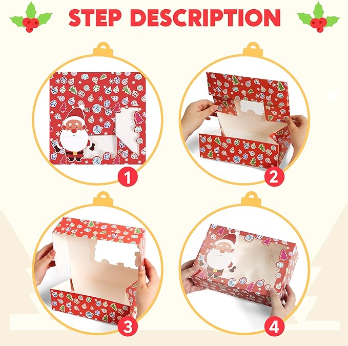 JOYIN 24 PCS Christmas Foil Treats Cookie Gift Boxes (8.75" x 5.75" x 2.75") Colorful Pattern Bakery Box with Window for Xmas Holiday Birthday Party Pastries, Cupcakes, Brownies, Donuts Gift-Giving