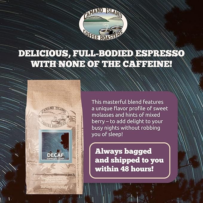 Camano Island Coffee Roasters Decaf Espresso Blend, Ground 1lb, Fresh Dark Roast Swiss Water Processed, USDA Organic, Fairly Traded, Shade Grown Top 1% Arabica, Sweet Molasses, Mixed Berry Flavor