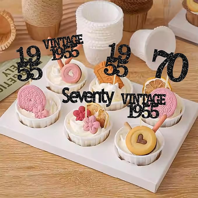 Gyufise 24Pcs Vintage 1955 Cupcake Toppers Glitter Cheers to 70 Fabulous Seventy Cupcake Picks 70th Birthday Wedding Anniversary Party Cake Decorations Supplies Black