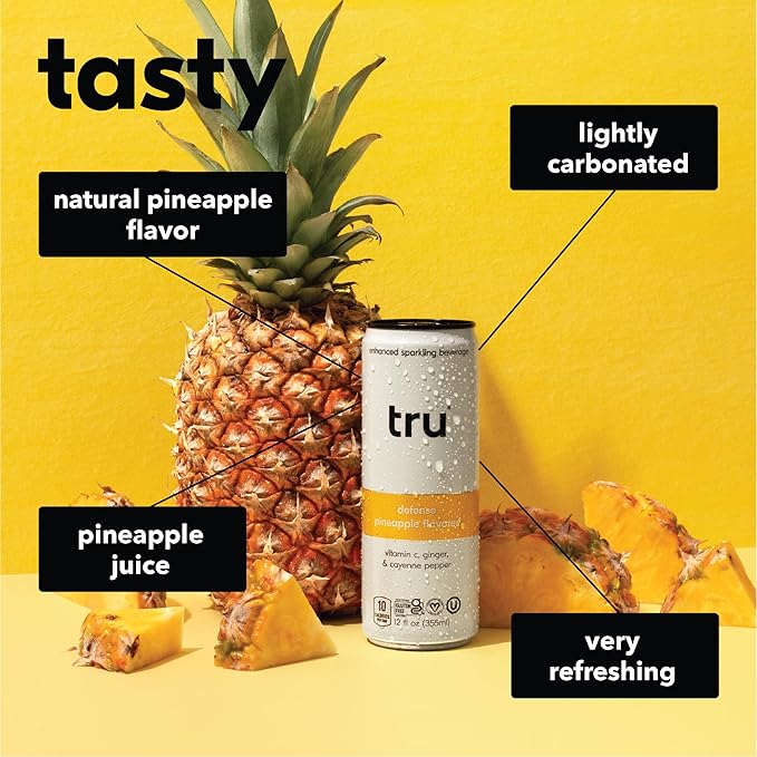 Tru Defense Seltzer, Sparkling Water with Vitamin C, Ginger Extract, Cayenne Pepper & Real Pineapple Juice, Sweetened with Monk Fruit & Stevia, Gluten Free, Vegan, Caffeine Free, 12 FL OZ Can, 12 Pack