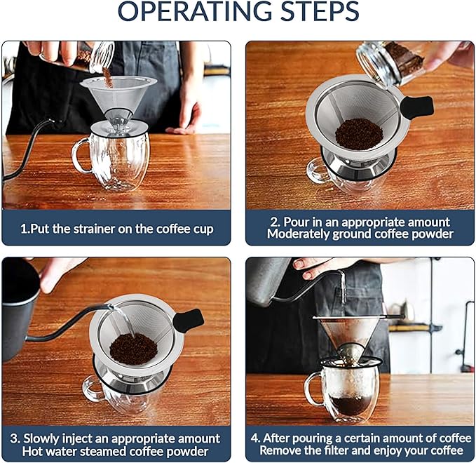 Pour Over Coffee Dripper-Stainless Steel Coffee Filter,Reusable Drip Cone Coffee Filter Portable Pour for 1-4 Cup (With Silicone Ring, S)