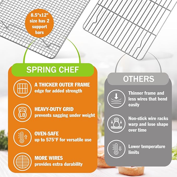 Spring Chef 8.5 x 12 Inch Stainless Steel Cooling Rack for Cooking and Baking - Oven Safe Cookie Cooling Rack - Fits Small Quarter Sheet Pan - Dishwasher Safe