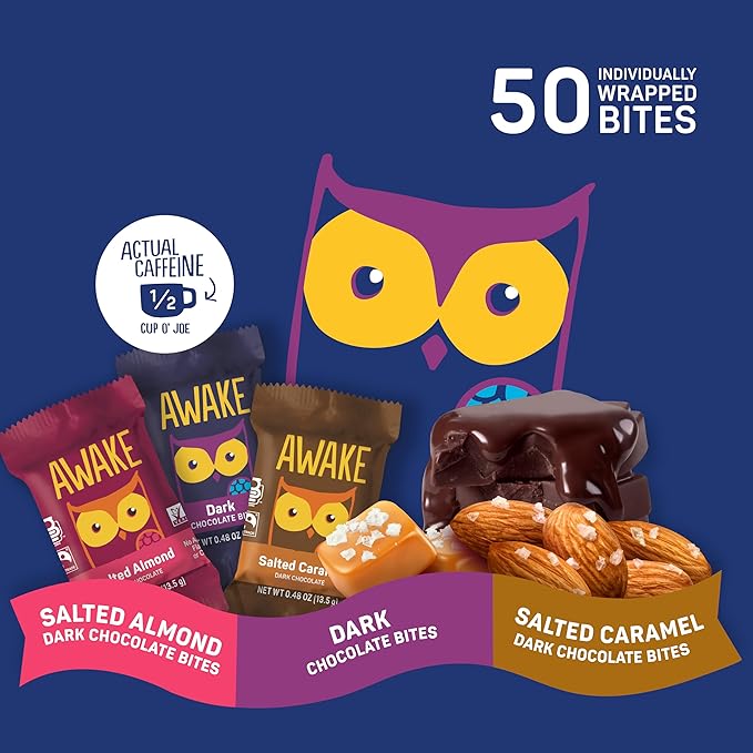 AWAKE - Caffeinated Chocolate Bites - USA Variety Pack (3 Flavors) 50 Bites - Dark, Salted Caramel, & Salted Almond - 50mg Caffeine - Coffee Alternative - Fairtrade - Gluten-Free - Non GMO - 0.48oz