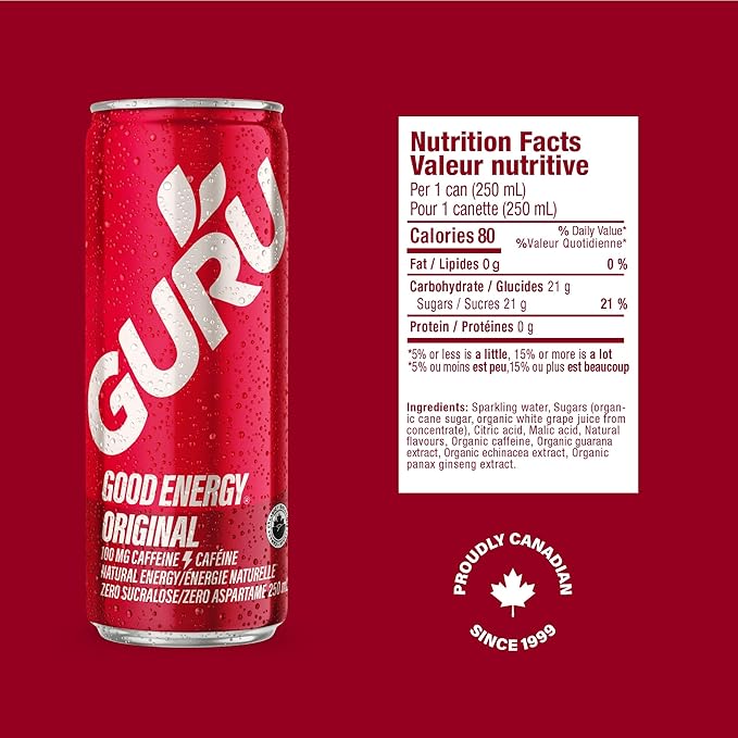 GURU Original Organic Energy Drinks, Clean Energy Drink with Plant Based Natural Caffeine from Green Tea, Gluten Free and Vegan, 100MG Caffeine, Healthy Drinks, 8.4oz (Pack of 24)