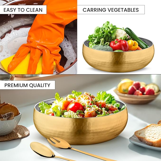 Avador® Set of 3 Premium Stainless Steel Salad Mixing Bowl Hammered Finish | Handmade | Includes Salad Serving Utensils (Gold Plated)