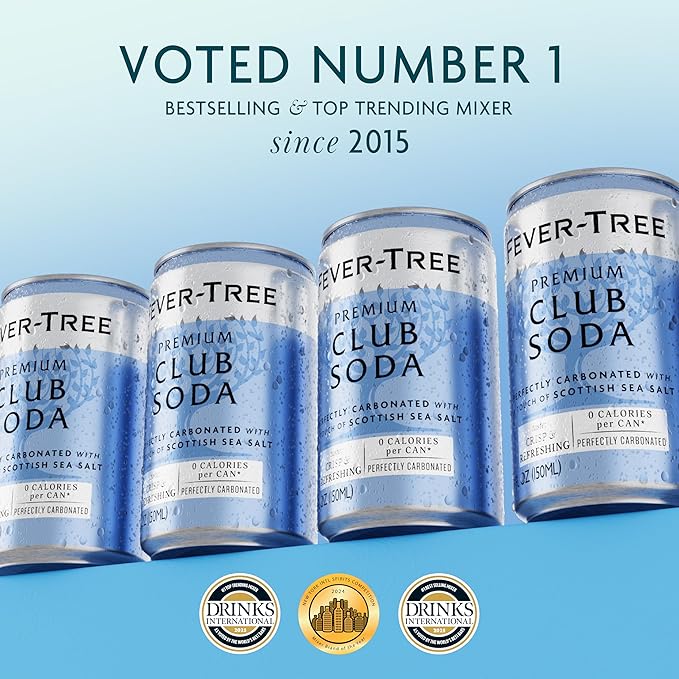 Fever-Tree Club Soda - Premium Quality Mixer - Refreshing Beverage for Cocktails & Mocktails. Naturally Sourced Ingredients, No Artificial Sweeteners or Colors - 5.1 Fl Oz Cans - Pack of 8