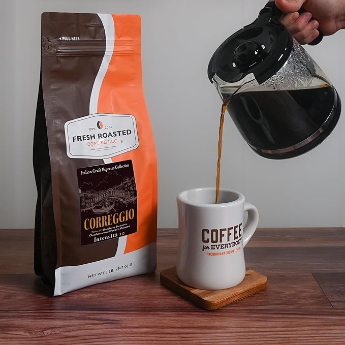 Fresh Roasted Coffee, Correggio Italian Craft Artisan Blend, 2 lb (32 oz), Dark Roast, Kosher, Whole Bean