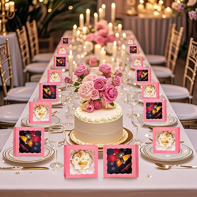 90 Pack 4x4x2 Inches Pink Bakery Boxes (Clear Window) – Ideal for Packaging Macaron, Ores, Chocolate Truffle, Strawberry, Cookie, Donut, Pie – Party, Wedding, Holiday Favors