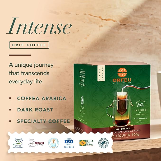 ORFEU - Special Coffee Intense - Drip Sachet - 100% Arabica Coffee, Dark Roast, Aroma of Toasted Caramel & Fruit Jam, Low Acidity, Made In Brazil, Velvety Body - 10 Units, 100g