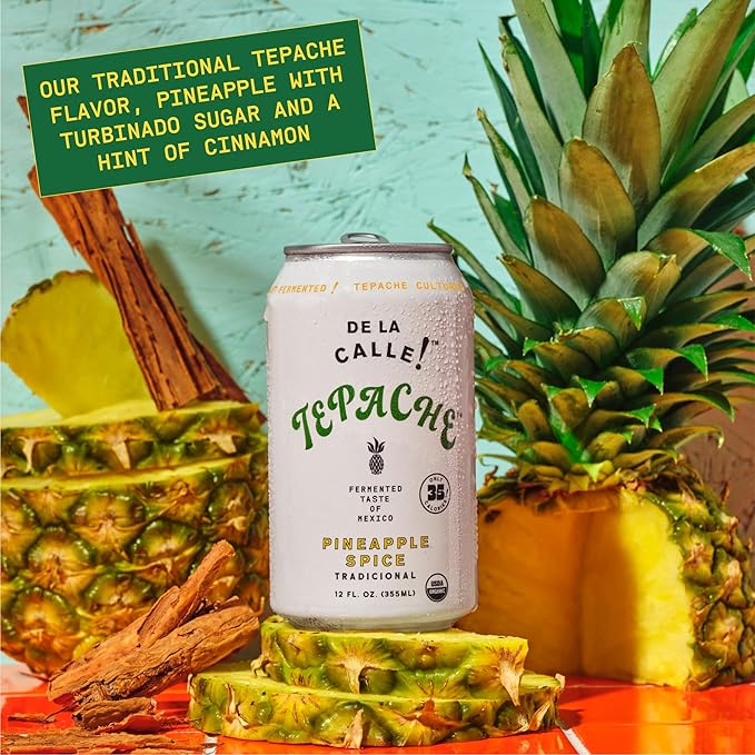 De La Calle Tepache - Pineapple Spice - Modern Mexican Soda - Craft Fermented Pineapple Sparkling Beverage - Certified Organic, Antioxidant Rich, Non-Alcoholic, Healthy Soda, Low Sugar, Low Calorie, Non-GMO