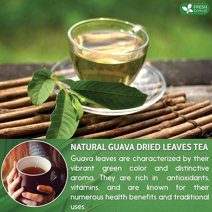 FreshDrinkUS, Premium 50+ Natural Guava Leaves, Whole Dried Leaves, 100% Pure, Natural Guava Loose Leaf Herbal Tea, Non GMO, No Additives, No Caffeine, Vegan