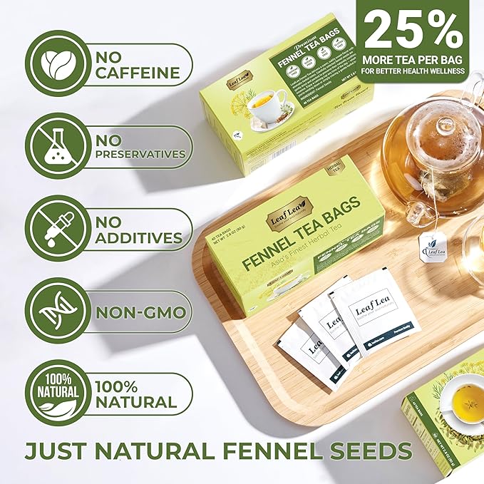 LeafLea 40 Fennel Tea Bags, 100% Natural & Pure Fennel Seed Tea, Gentle Digestion & Fresh Breath, Mild Sweet Finish, Caffeine-Free, Sugar-Free, Vegan, Non-GMO, Individually Wrapped