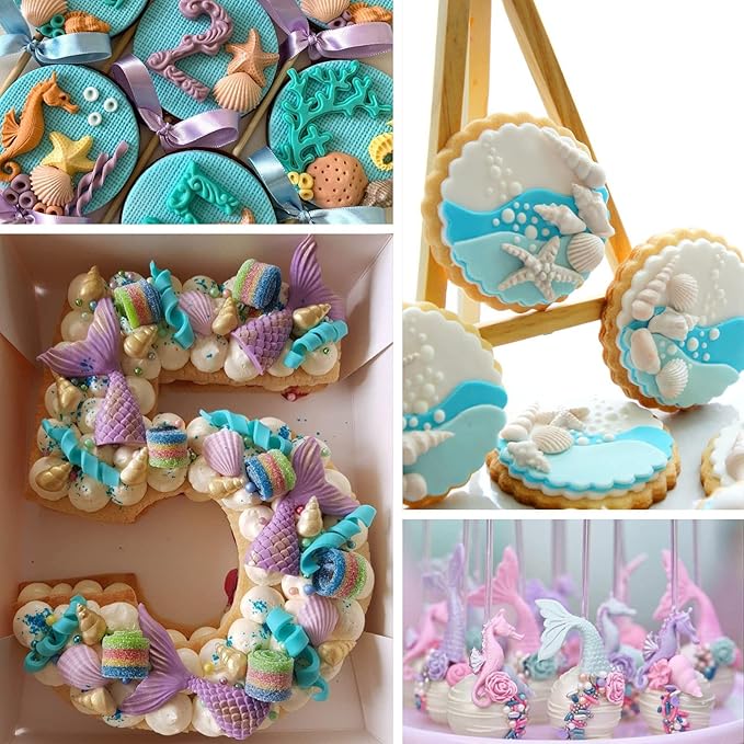 Sakolla Marine Theme Fondant Molds, 4 PCS Mermaid Tail Seashell Conch Starfish Baking Silicone Molds for Cake Decoration Chocolate Soap Crafting