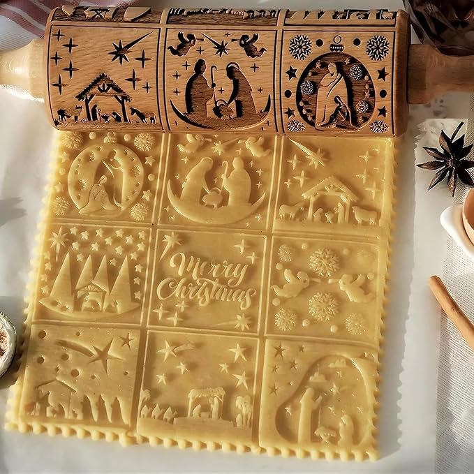 17" Premium Wood Rolling Pin with Nativity Embossed Designs | 3mm Deep Springerle Cookie Molds | Christmas Rolling Pin & Baking Gifts for Women | Includes 3-in-1 Cleaning Brush ﻿