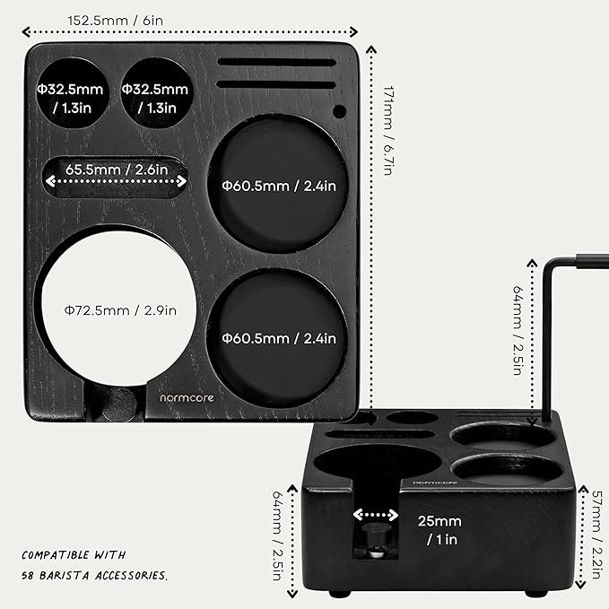 Normcore Espresso Tamping Station, Genuine American Black Ashwood, Coffee Tamper, Distributor, WDT, Puck Screen, Portafilter Holder Stand, Solid Black Ashwood for 58mm Espresso Machine Accessories