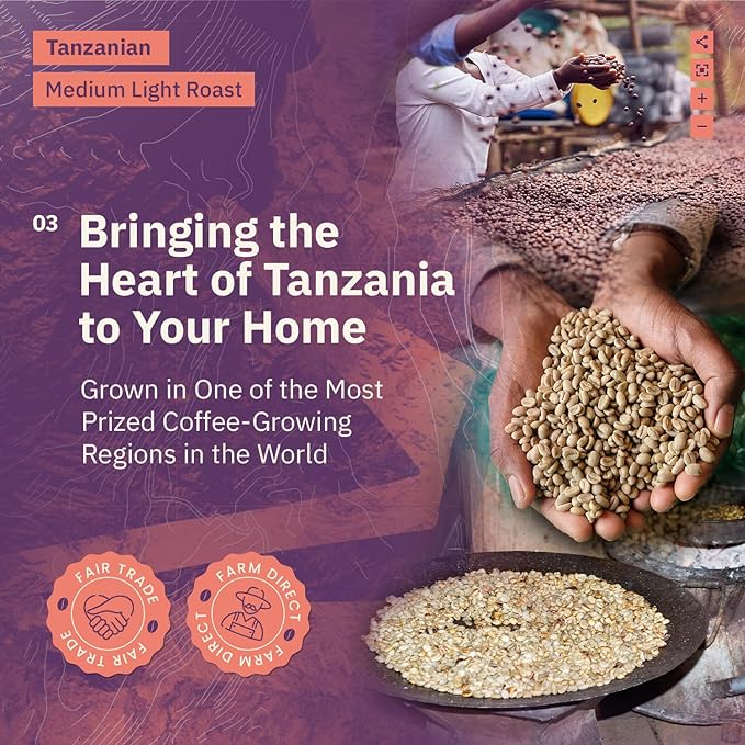 Tanzanian Peaberry Coffee Whole Bean - Single Origin Medium Light Roast, Roasted To Order Whole Bean Coffee Specialty Grade, Fair Trade and Non-GMO
