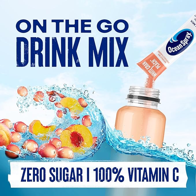 Ocean Spray® White Cran-Peach™ Zero Sugar Powder Drink Mix Packets with Real Cranberry Juice Powder, 100% Vitamin C, No Synthetic Dyes, Juicy Mixes (40ct)