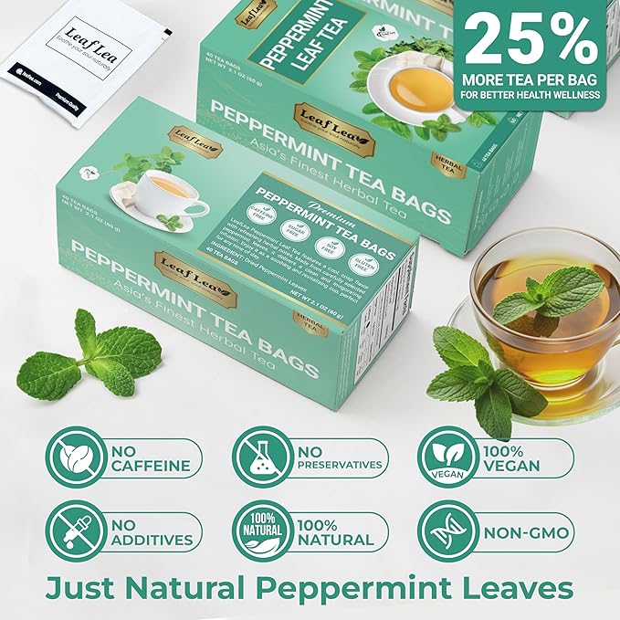 LeafLea 80 Premium Peppermint Tea Bags, 100% Natural Peppermint Leaf Tea, Te de Menta for Soothing Throat & Refreshing Breath, Light and Smooth Flavor, Caffeine-Free, Sugar-Free, Individually Wrapped