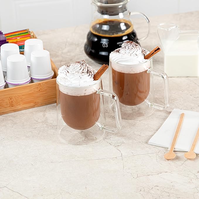 Restaurantware-Forma Professional 10.2 Ounce Double Wall Coffee Mugs, 2 Insulated Coffee Mugs With Handle - Dishwashable, Reusable, Clear Glass Beverage Cups, Freezable, For Hot Or Cold Beverages