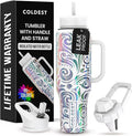 Coldest 40 oz Tumbler with Handle and Straw, 100% Leak Proof Insulated Tumbler with Lid and Straw (3 Lids), Stainless Steel Tumblers for Women & Men, Cup Holder Friendly, 46 oz (Snowstorm Spiral)