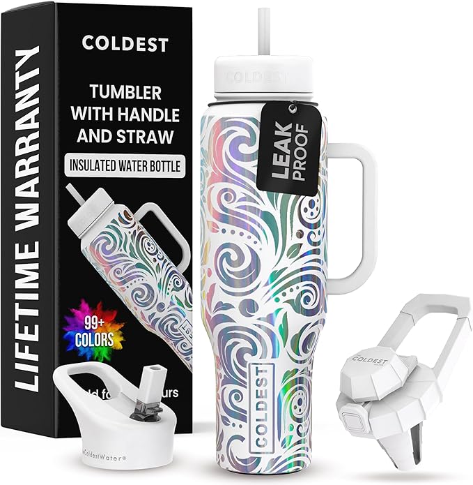 Coldest 40 oz Tumbler with Handle and Straw, 100% Leak Proof Insulated Tumbler with Lid and Straw (3 Lids), Stainless Steel Tumblers for Women & Men, Cup Holder Friendly, 46 oz (Snowstorm Spiral)