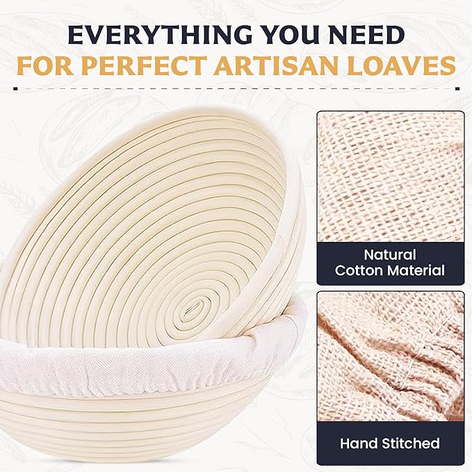 9" Banneton Bread Proofing Basket, Sourdough Proofing Basket Set of 2, Bread Banneton Basket for Professional & Home, Round Bread Proofing Baskets for Sourdough
