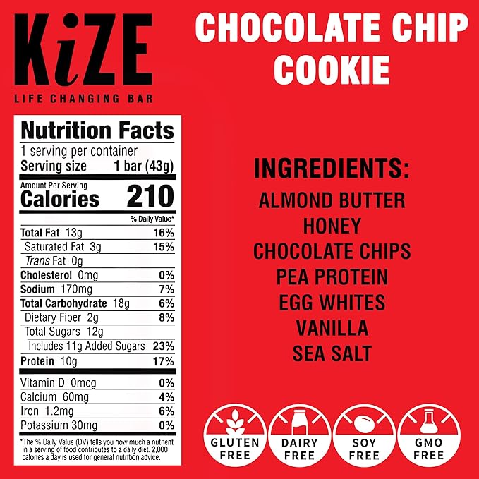 KiZE Energy Bars - Chocolate Chip Cookie - Almond-Butter-Based, Gluten Free, Dairy Free, Non-GMO, and High Protein Meal Replacement Energy Bars, Clean and Simple Food Ingredients - 10g High Protein Snacks, (10 Count)